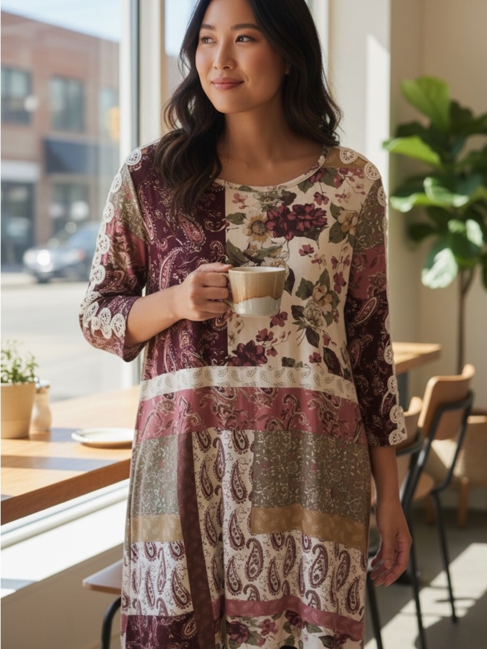 Patchwork Floral Paisley Tunic Blouse in Mauve and Olive